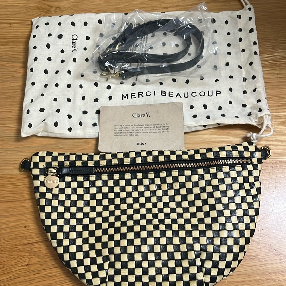 Clare V Grande Fanny black and cream woven check